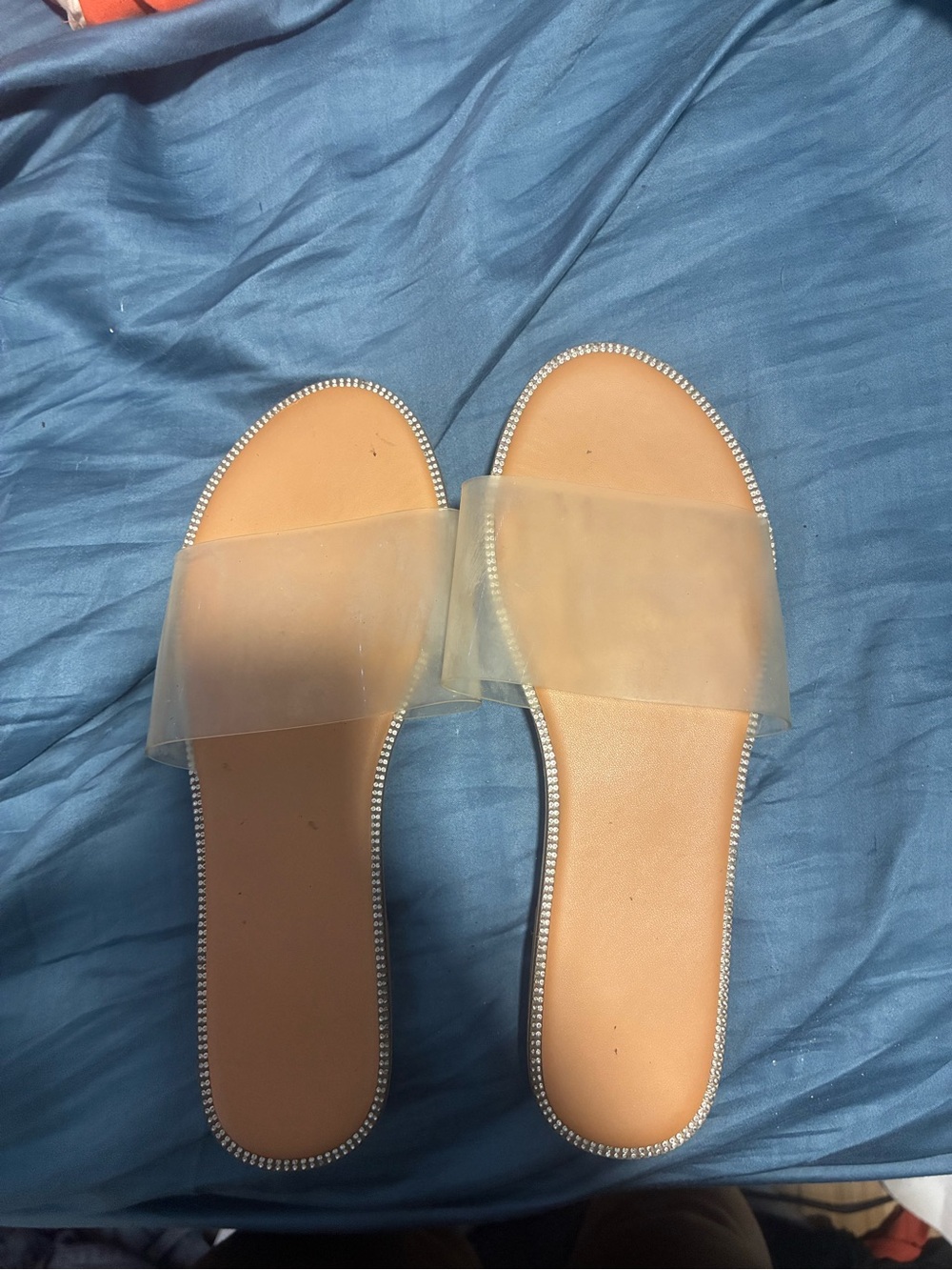 Clear Strap Tan Slide Sandals with Rhinestone Trim